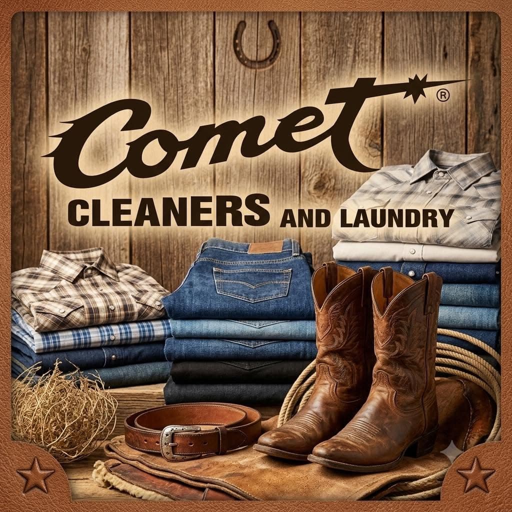 Comet Cleaners and Laundry, with folded western shirts, jeans and boots
